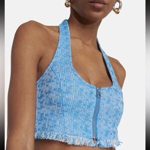 STAUD Becca Blue Tweed Halter Fringe Hem Zip Front Top Size 12 NEW